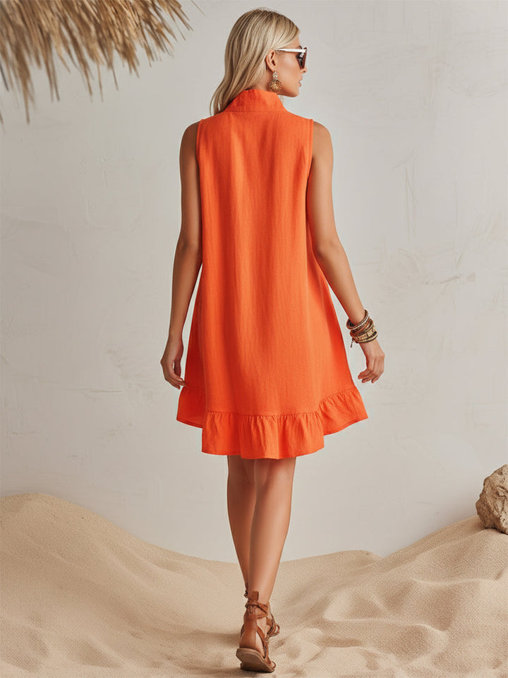 Vibrant Resort Orange Half-Zip Stand Collar Ruffled Mini Dress