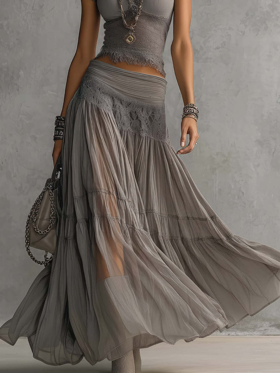 Elena - Lace-Paneled Top and Pleated Maxi Skirt Set