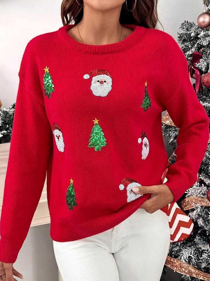 Easy Red Sequin Christmas Sweater for Women with Crew Neck Long Sleeve Sequin Santa Relaxed Fit Knit Style