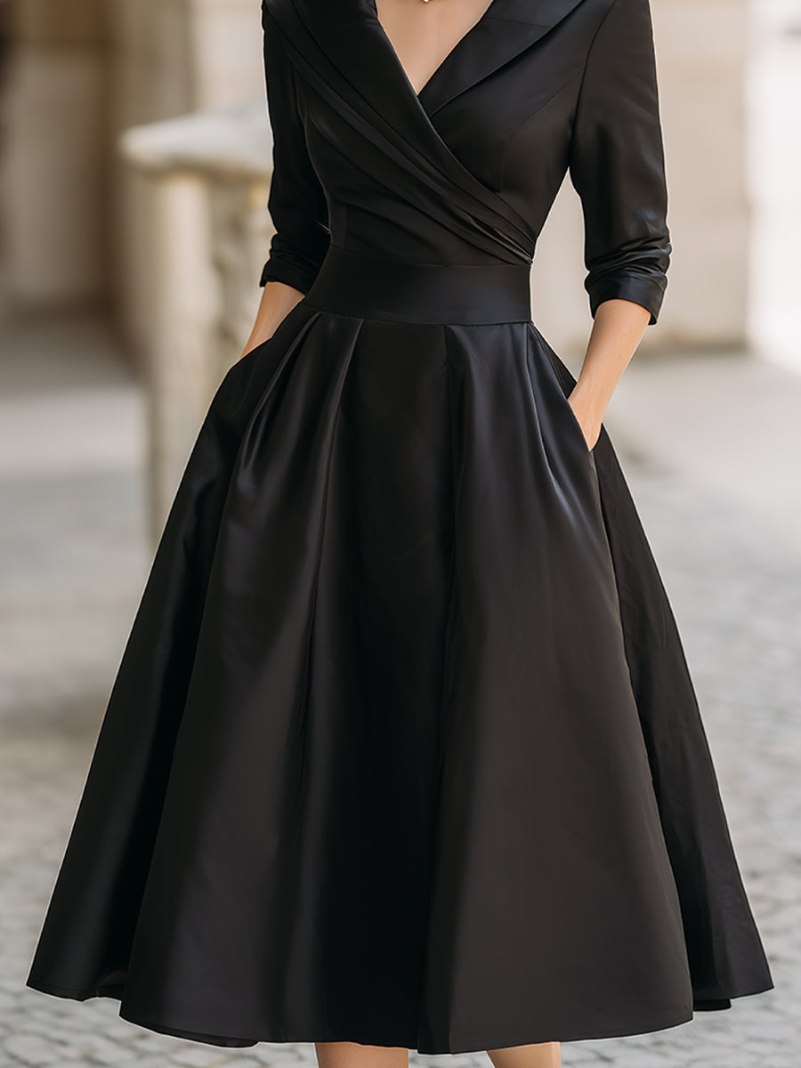 Sandy - Vintage-Inspired Satin Midi Dress With Draped Collar