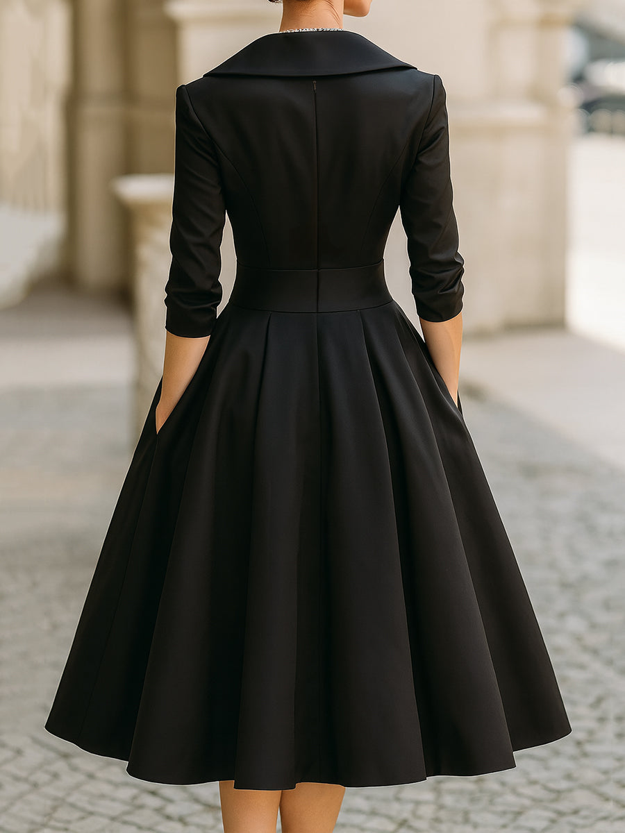 Sandy - Vintage-Inspired Satin Midi Dress With Draped Collar