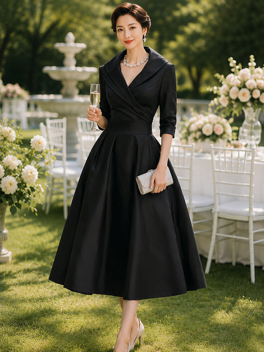Sandy - Vintage-Inspired Satin Midi Dress With Draped Collar