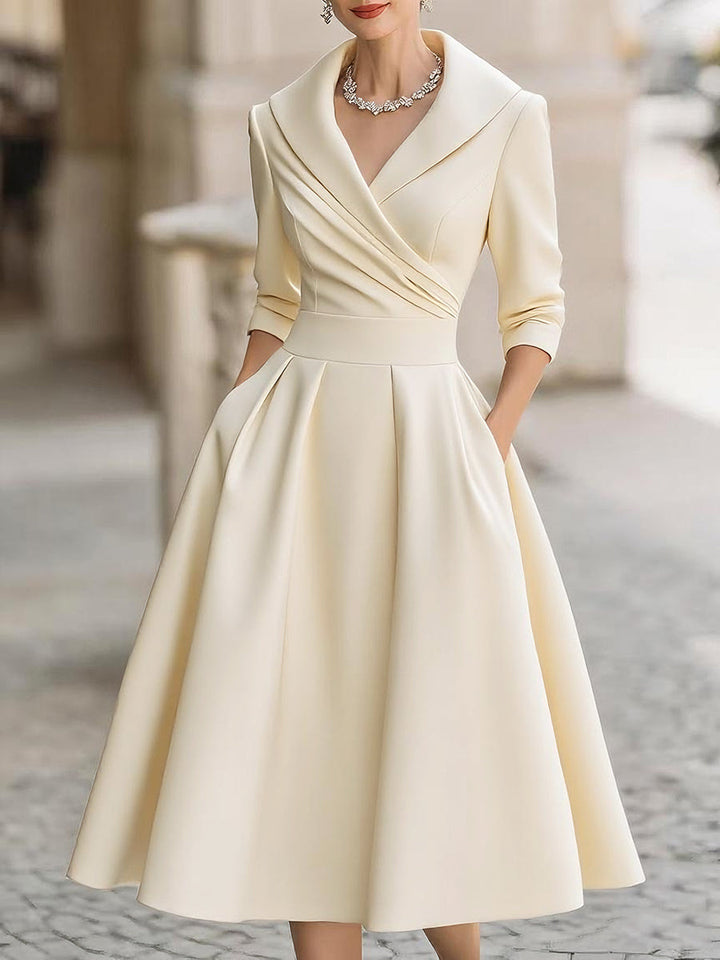 Sandy - Vintage-Inspired Satin Midi Dress With Draped Collar