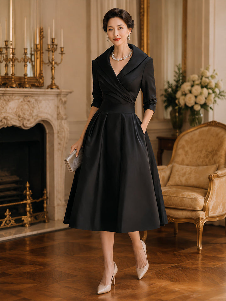 Sandy - Vintage-Inspired Satin Midi Dress With Draped Collar