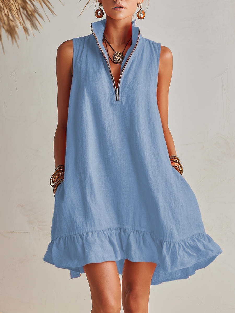 Vibrant Resort Orange Half-Zip Stand Collar Ruffled Mini Dress