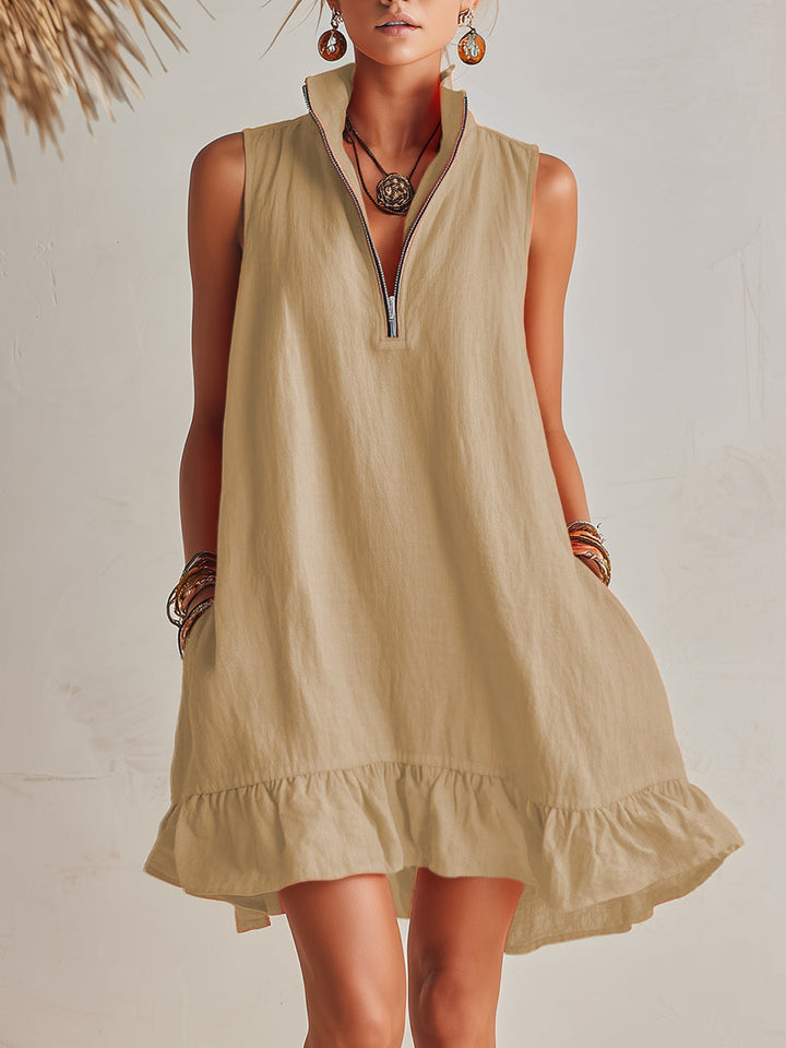 Vibrant Resort Orange Half-Zip Stand Collar Ruffled Mini Dress