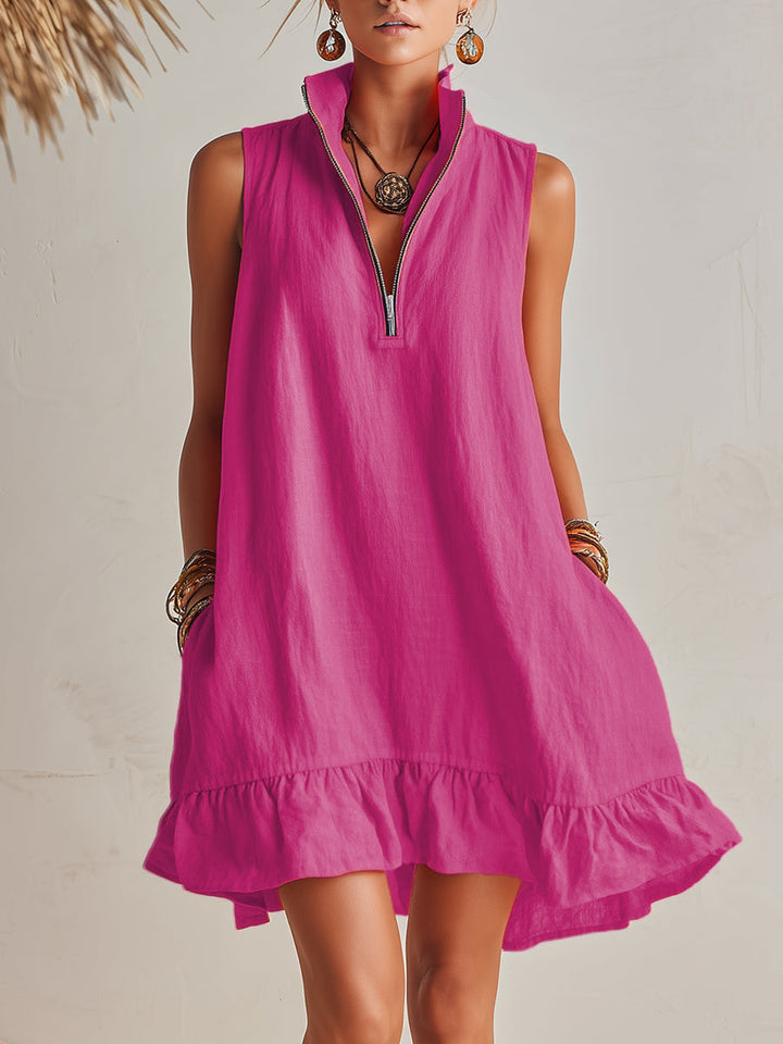 Vibrant Resort Orange Half-Zip Stand Collar Ruffled Mini Dress