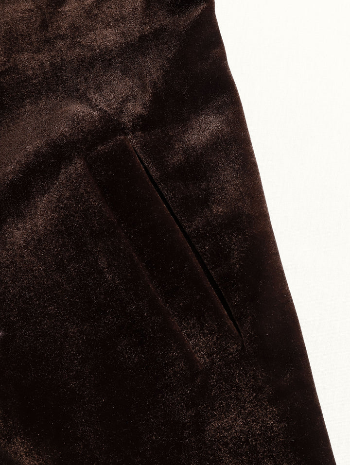Brown Velvet Colour-Block Lapel Coat with Pockets
