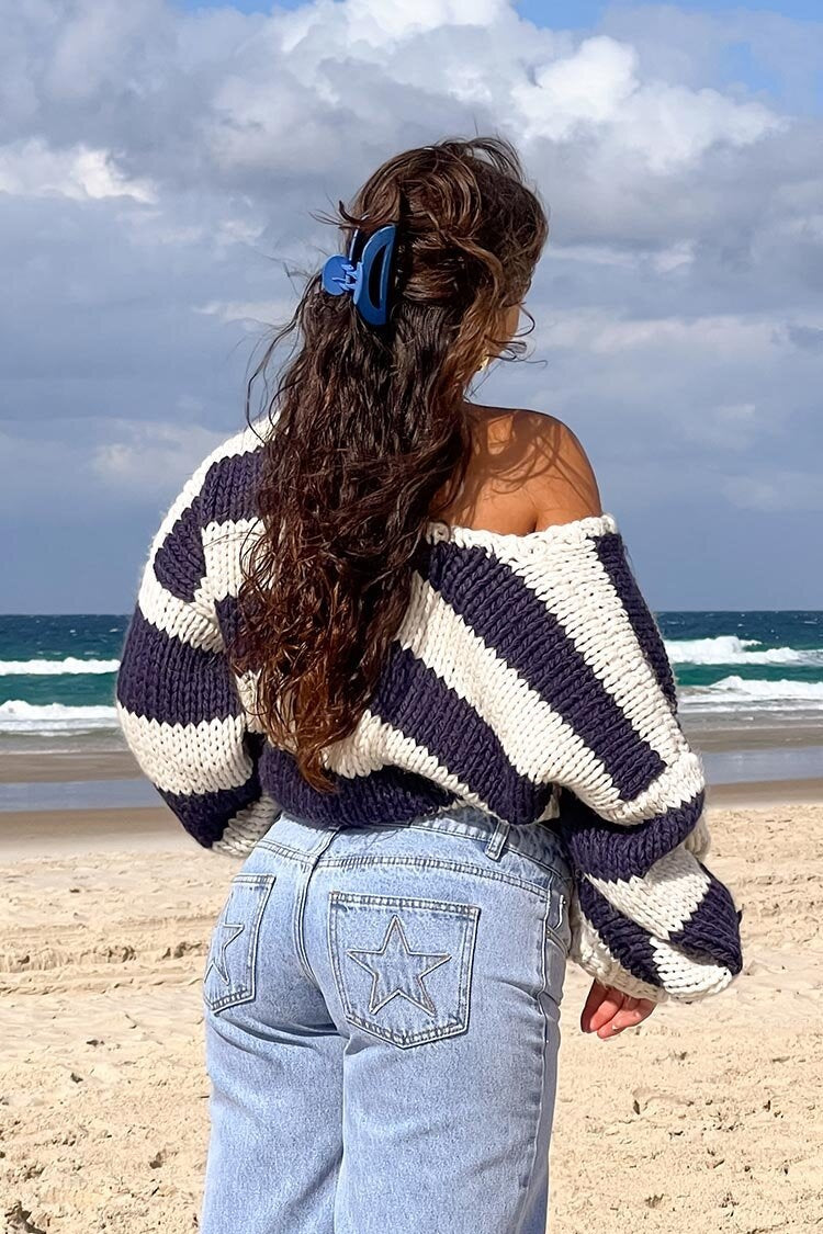 Women's Striped Chunky Knit Sweater Off-Shoulder Oversized Hand-Knit Relaxed