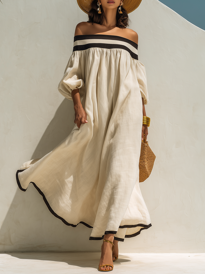 Loose-fitting Color-blocked Off-the-shoulder Maxi Dress