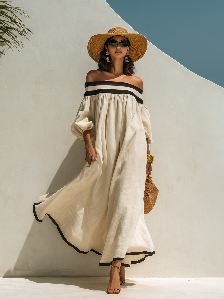Loose-fitting Color-blocked Off-the-shoulder Maxi Dress
