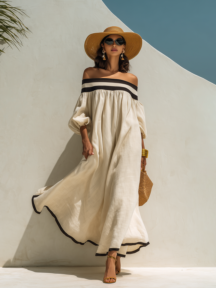 Loose-fitting Color-blocked Off-the-shoulder Maxi Dress