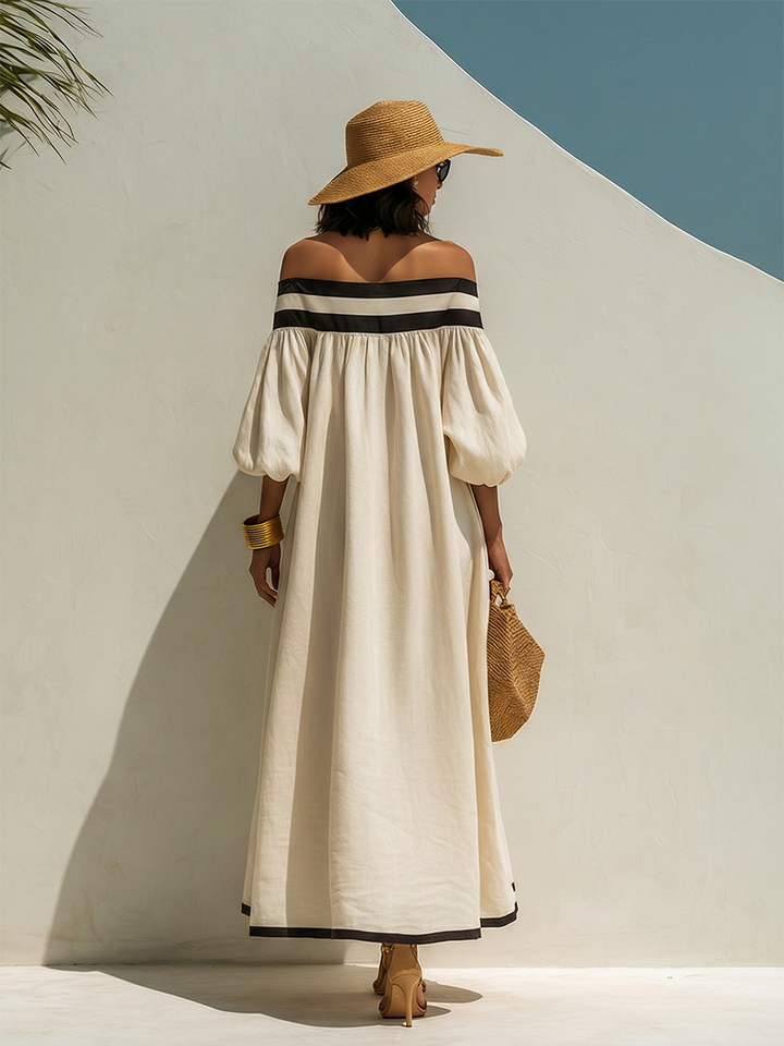 Loose-fitting Color-blocked Off-the-shoulder Maxi Dress
