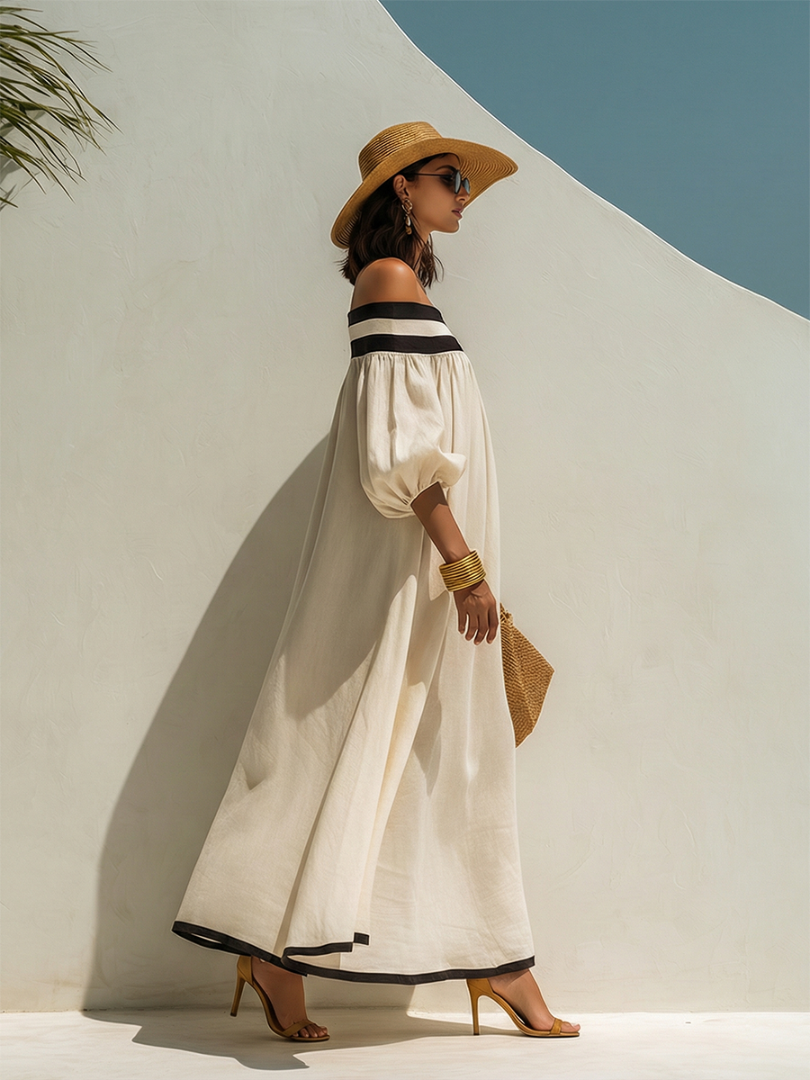 Loose-fitting Color-blocked Off-the-shoulder Maxi Dress