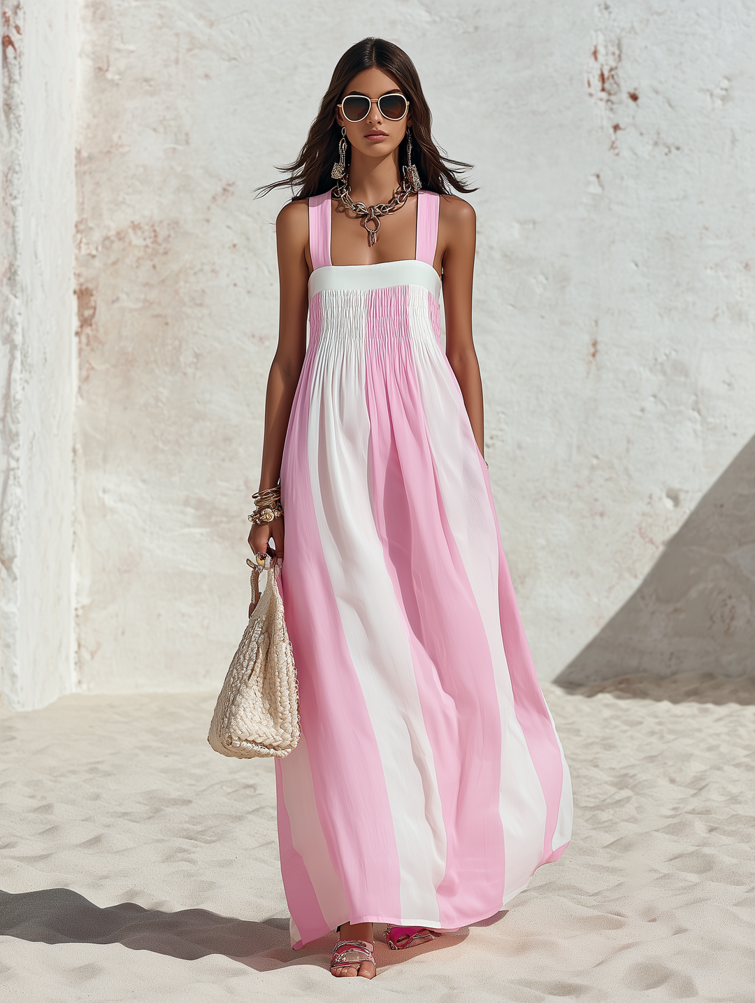 Resort Style Square Neck Sleeveless Striped Chiffon Maxi Dress