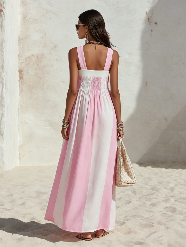 Resort Style Square Neck Sleeveless Striped Chiffon Maxi Dress