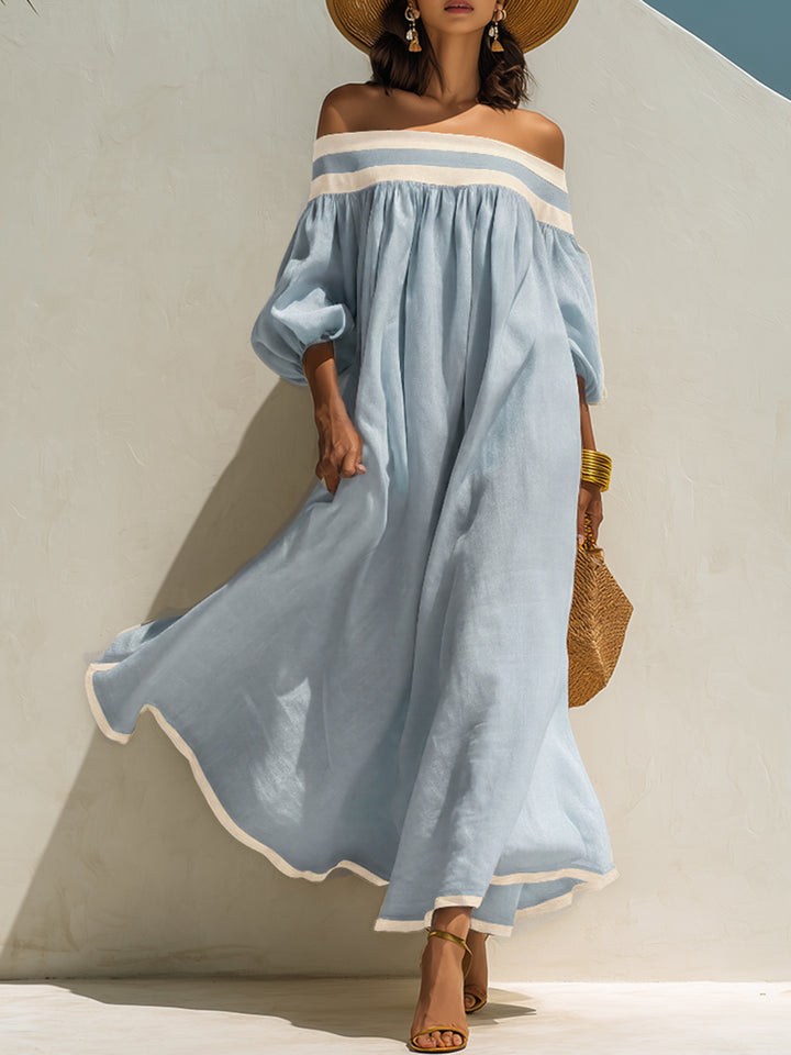 Loose-fitting Color-blocked Off-the-shoulder Maxi Dress