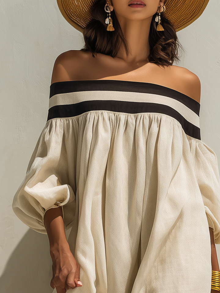 Loose-fitting Color-blocked Off-the-shoulder Maxi Dress