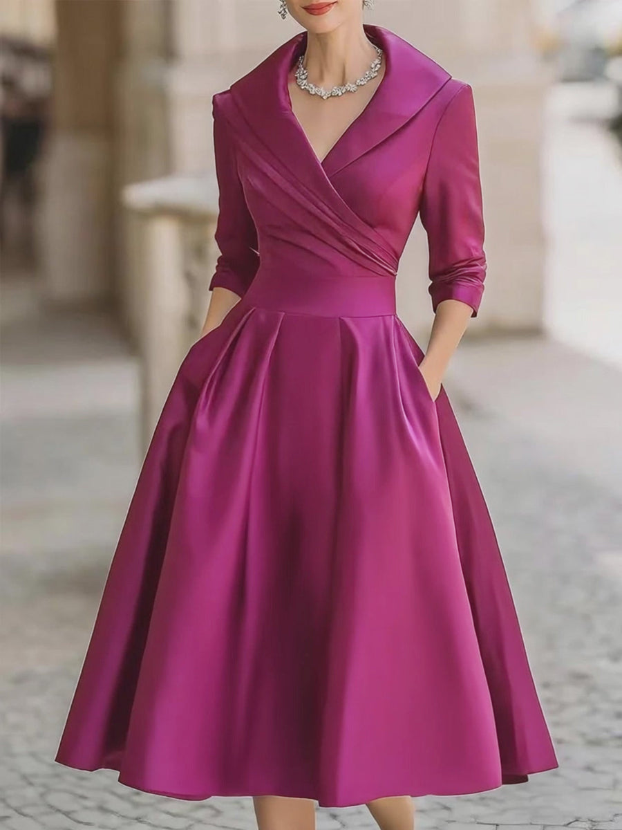Sandy - Vintage-Inspired Satin Midi Dress With Draped Collar