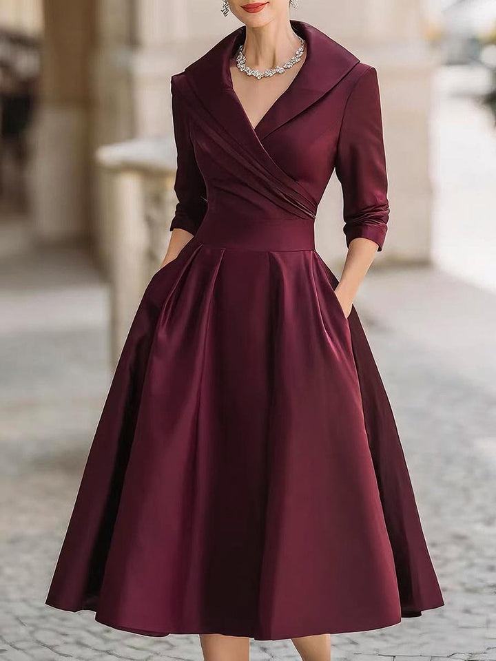Sandy - Vintage-Inspired Satin Midi Dress With Draped Collar
