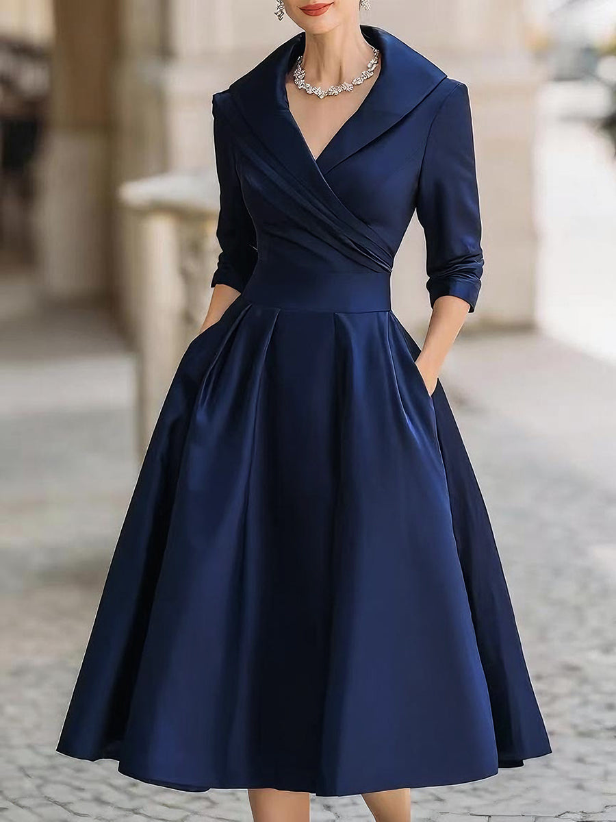 Sandy - Vintage-Inspired Satin Midi Dress With Draped Collar