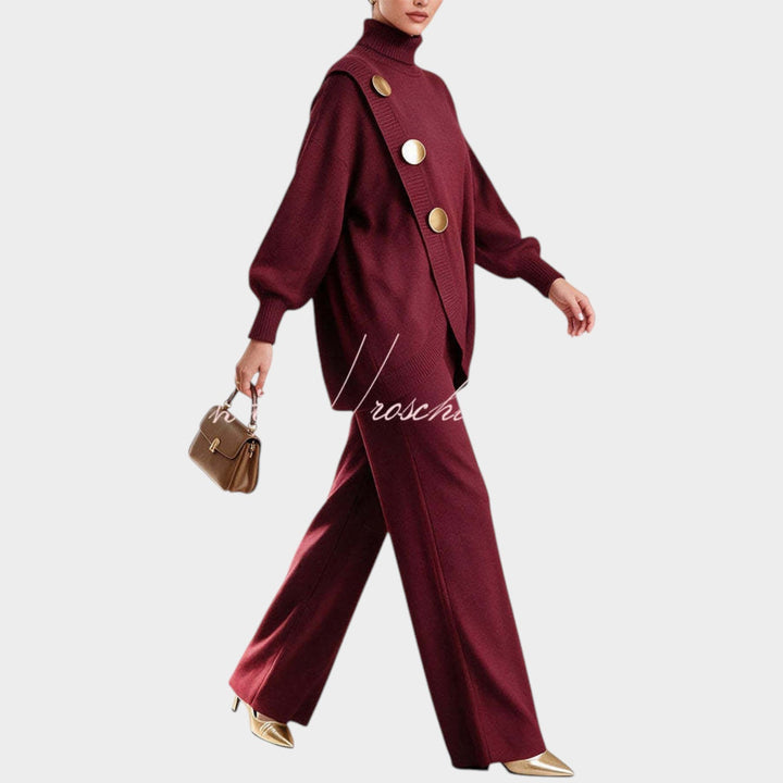 Women’s Knit Top and Pants Set Asymmetric Button Wide Leg