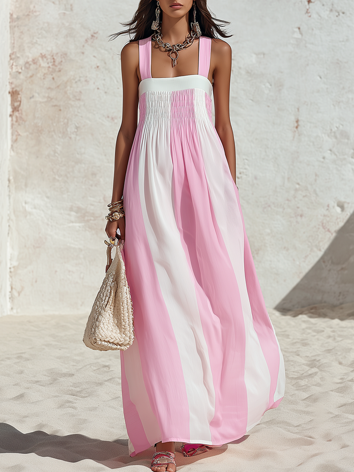 Resort Style Square Neck Sleeveless Striped Chiffon Maxi Dress