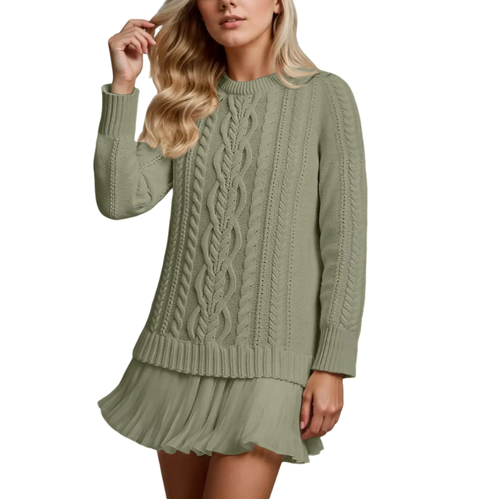 Elara™ | Cable Knit Sweater Dress with Pleated Hem