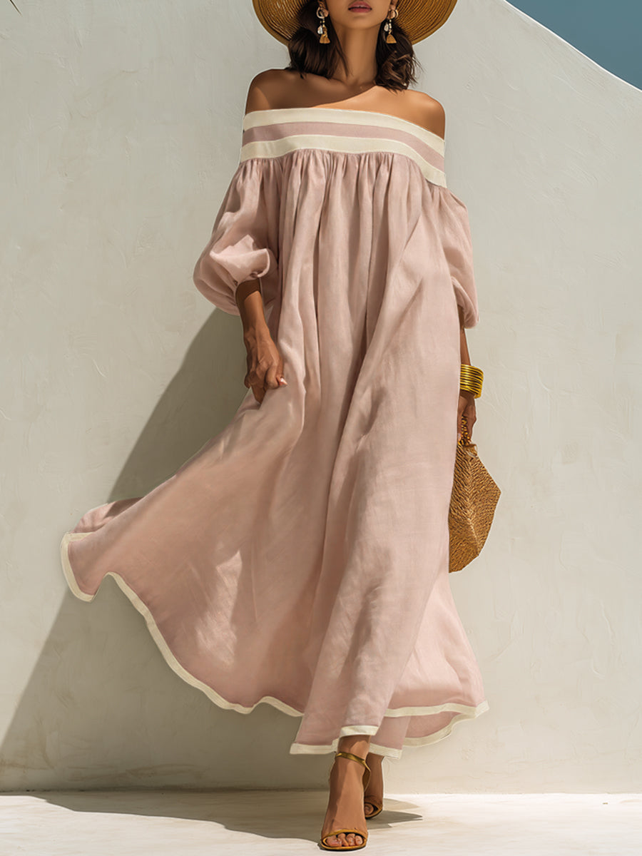 Loose-fitting Color-blocked Off-the-shoulder Maxi Dress