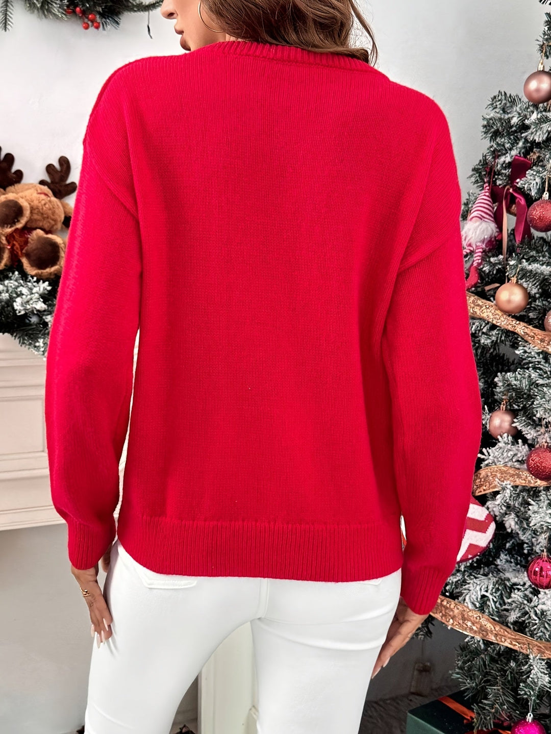 Easy Red Sequin Christmas Sweater for Women with Crew Neck Long Sleeve Sequin Santa Relaxed Fit Knit Style