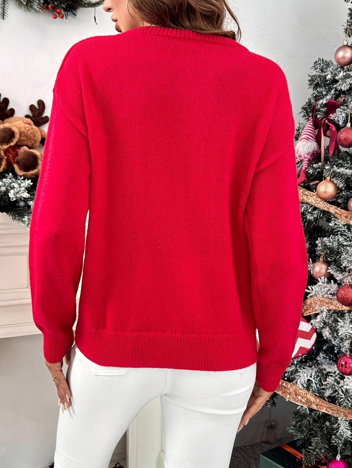 Easy Red Sequin Christmas Sweater for Women with Crew Neck Long Sleeve Sequin Santa Relaxed Fit Knit Style