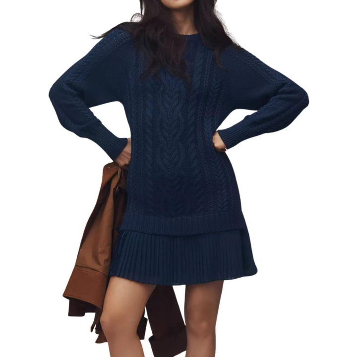 Elara™ | Cable Knit Sweater Dress with Pleated Hem