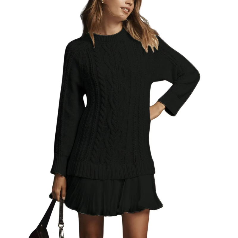 Elara™ | Cable Knit Sweater Dress with Pleated Hem