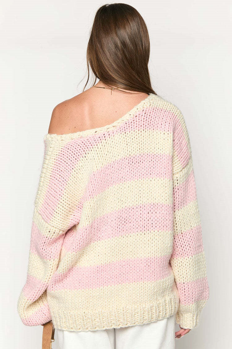 Women's Striped Chunky Knit Sweater Off-Shoulder Oversized Hand-Knit Relaxed