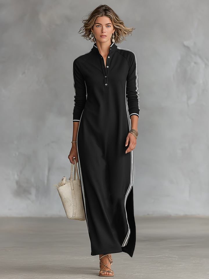 Women's Minimalist White-trimmed Button-down Collar Sweatshirt Maxi Dress