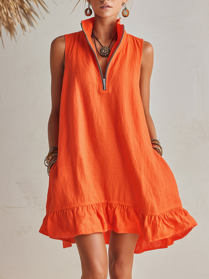 Vibrant Resort Orange Half-Zip Stand Collar Ruffled Mini Dress