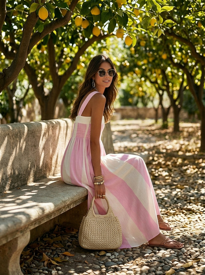 Resort Style Square Neck Sleeveless Striped Chiffon Maxi Dress