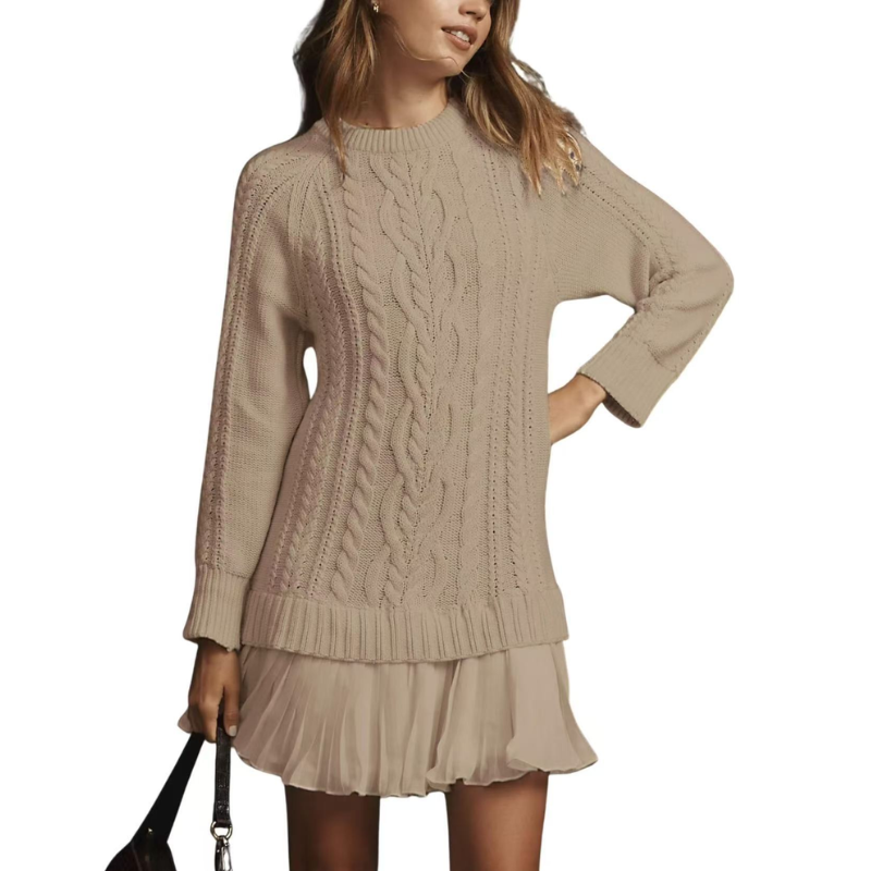 Elara™ | Cable Knit Sweater Dress with Pleated Hem