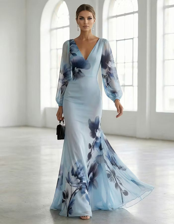 Light Blue Gradient Ink Wash Floral Chiffon V Neck Long Sleeves Maxi Dress