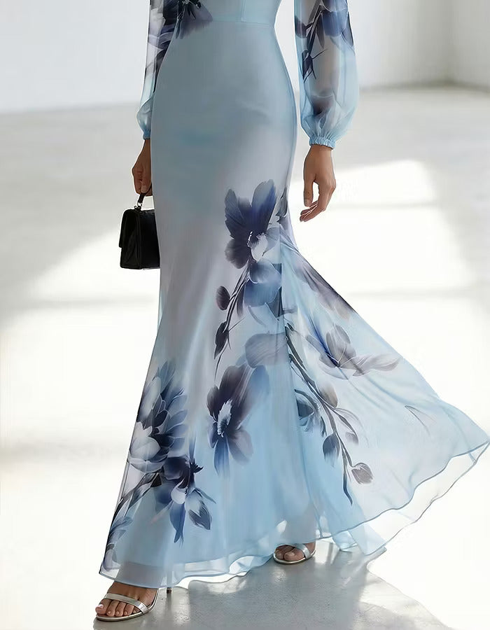 Light Blue Gradient Ink Wash Floral Chiffon V Neck Long Sleeves Maxi Dress
