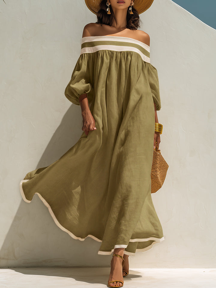Loose-fitting Color-blocked Off-the-shoulder Maxi Dress