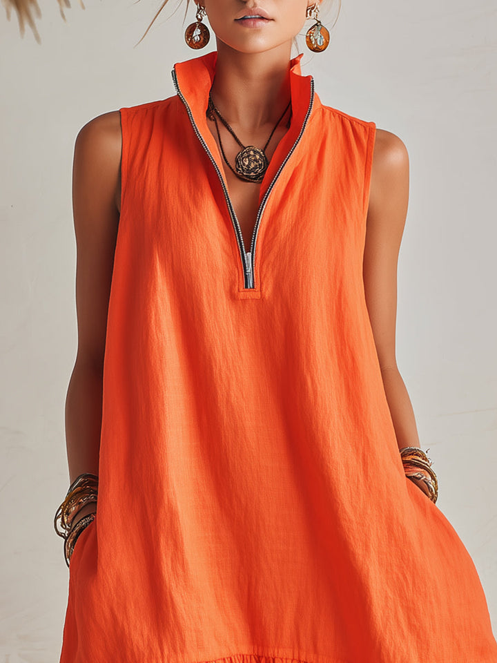 Vibrant Resort Orange Half-Zip Stand Collar Ruffled Mini Dress