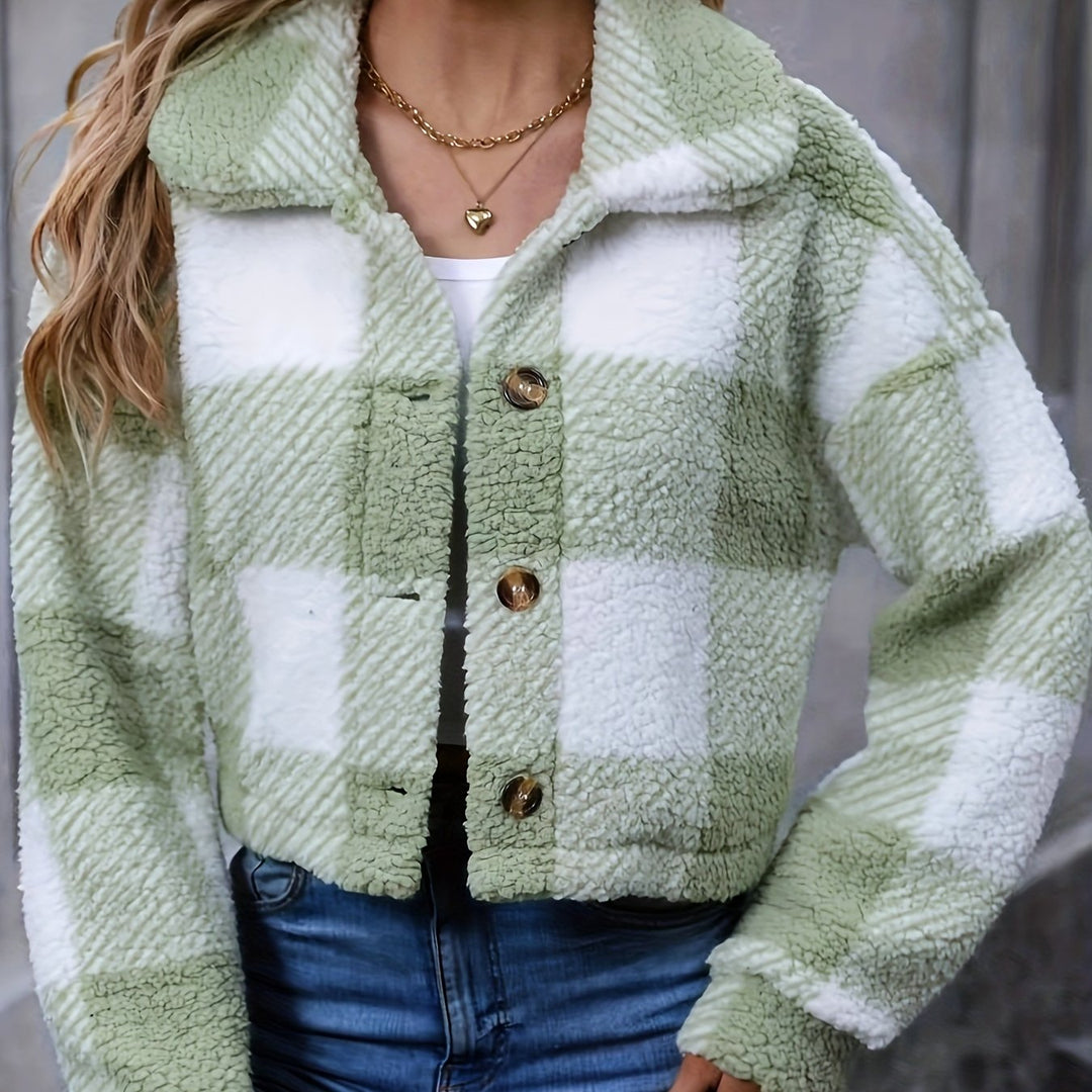Alyssa Cropped Plaid Teddy Jacket Button-Front Spread Collar