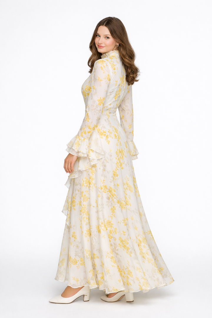 Beige Turtleneck Oil Painting Floral Print Irregular Chiffon Maxi Dress