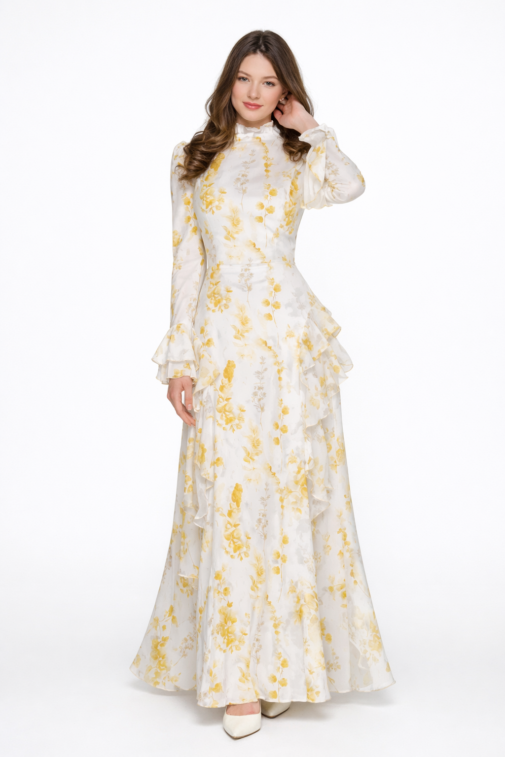 Beige Turtleneck Oil Painting Floral Print Irregular Chiffon Maxi Dress