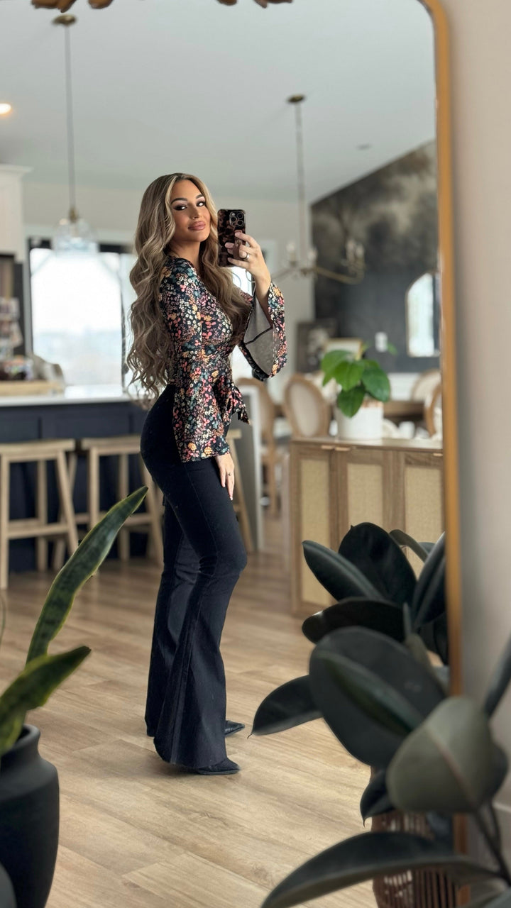 Fiona High Waisted Bell Bottom Flare Jeans - Black