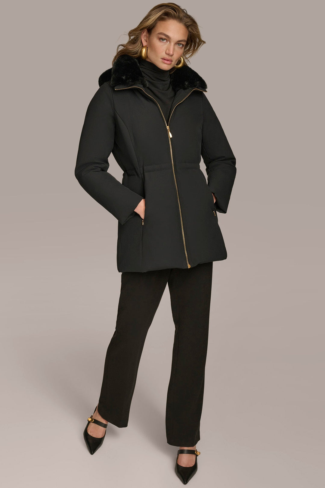 FAUX FUR COLLAR HOODED COAT