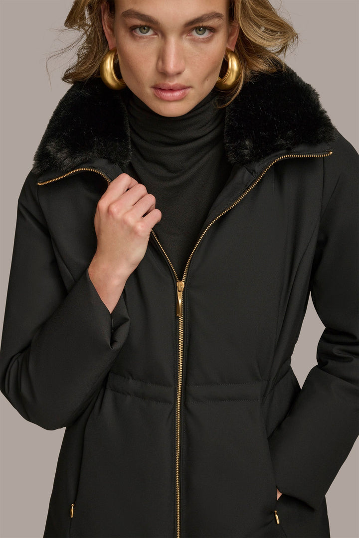 FAUX FUR COLLAR HOODED COAT