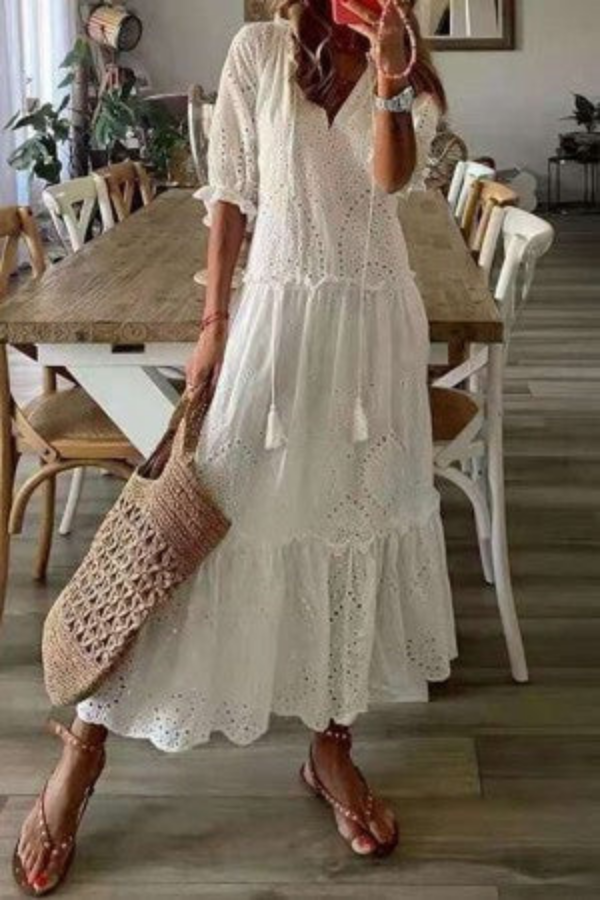 Flora | Women's Cotton Floral Tassel V-Neck Maxi Dress