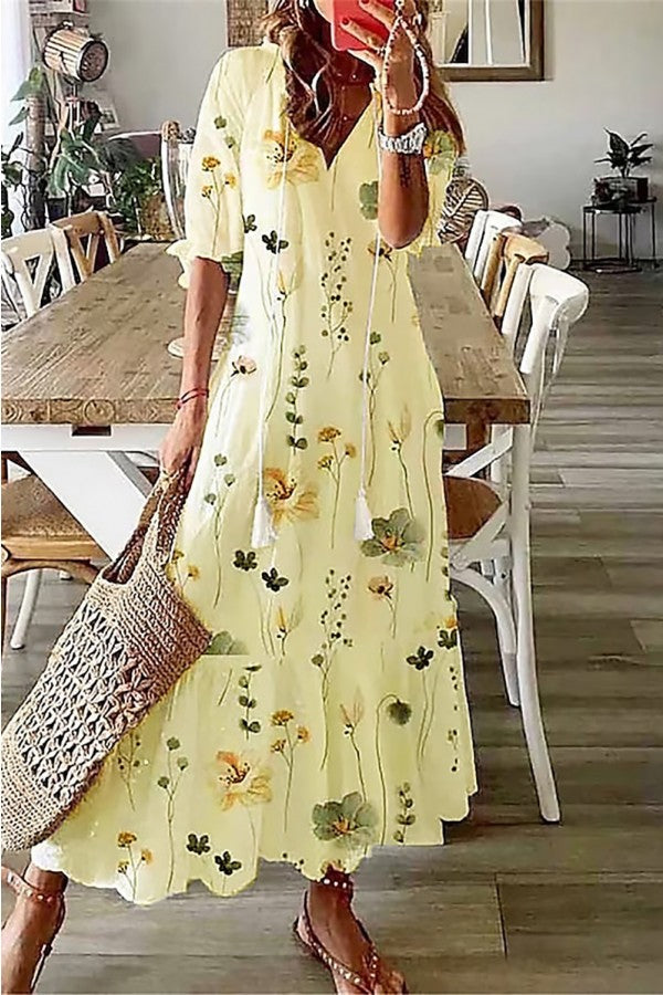 Flora | Women's Cotton Floral Tassel V-Neck Maxi Dress